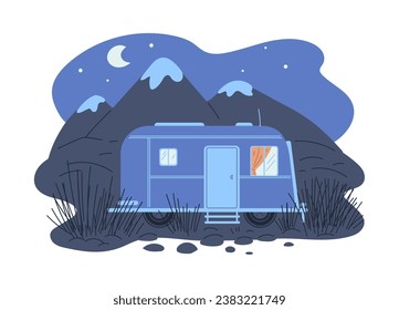 Camper van standing among mountains, night landscape flat style, vector illustration isolated on white background. Blue shades, decorative design element. Traveling and tourism