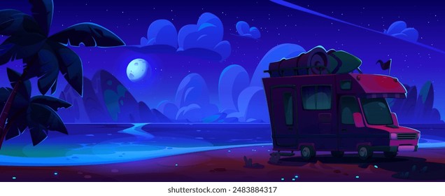 Camper van standing on sea beach with palm trees, sand shore, calm water and stones at night under starry sky and moon light. Cartoon vector dark dusk ocean landscape with motorhome during trip.