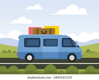 Camper van with suitcases driving on the road against the background of a beautiful rural landscape. Vector graphics