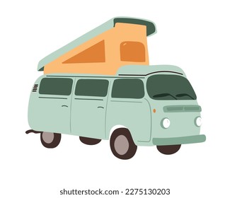Camper, van, summer motorhome, mobile car for travelling, camping, outdoors. Flat vector illustration