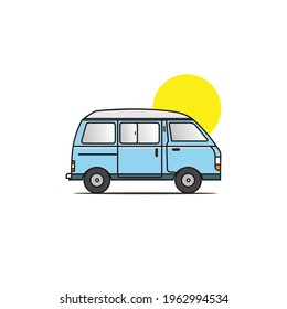 Camper van with sun logo design vector icon inspiration