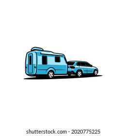 camper van SUV car with caravan trailer isolated illustration