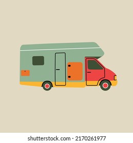 Camper, van, trailer car in modern flat line style. Hand drawn vector illustration of leisure, weekend, vacation, travel, road trip cartoon design. Vintage transportation patch, badge, emblem