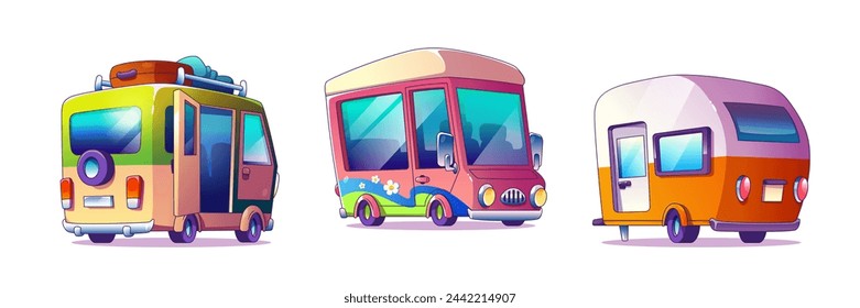 Camper van and trailer caravan car cartoon illustration. Vintage travel bus for road trip in summer with family. Vacation truck icon for camping adventure and luggage on wagon. Recreational motorhome