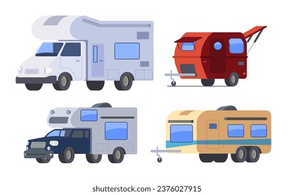 Camper van, trailer, hindcarriage. Transportable caravan dwelling and hindcarriage for road travel, journey, adventure vector illustrations isolated set. Mobile cabin house, outdoor summer RV leisure