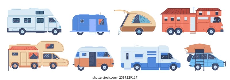 Camper van, trailer house, hindcarriage for camping. Transportable caravan dwelling for road travel, journey vector illustrations isolated set. Outdoor summer RV leisure