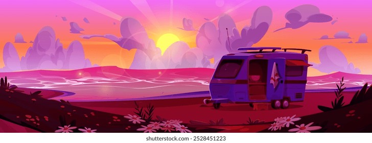 trailer de Camper van com porta aberta de pé na praia do mar ou lago com areia, grama e flores margaridas no pôr do sol ou nascer do sol. Paisagem marinha de verão cor-de-rosa com carroça motorhome em férias de acampamento.