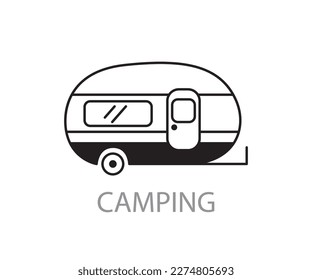 Camper Van and trailer, travel caravan icon. Doodle style sketch. Wanderlust tourism, camping adventure concept. Cute truck transport element, vector illustration. Retro style car van isolated