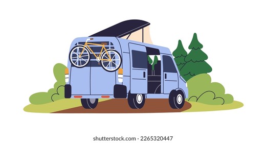 Camper van, travel car. Summer holiday campervan, recreational vehicle. RV transport with bicycle for camping, adventure, vacation in nature. Flat vector illustration isolated on white background