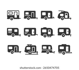Camper Van e Viagens Trailer Ícones, Preto Silhueta RV e conjunto de vetor de caravana	