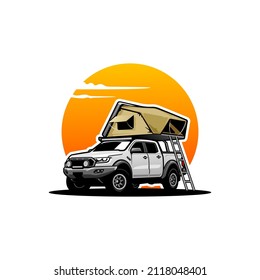 camper van, camper truck with roof top tent illustration logo vector	