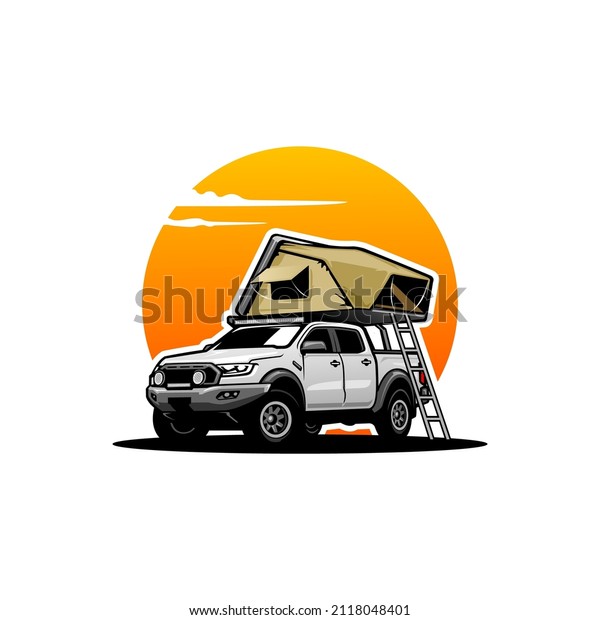 camper van, camper truck with roof top tent\
illustration logo\
vector	