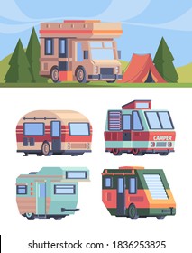 Camper van. Vector explorer truck vehicle for travellers motorhomes vector set in flat style