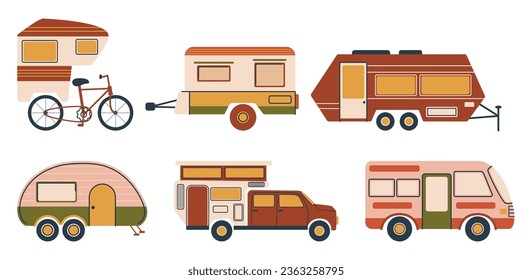 Camper Vans Set, Versatile Vehicles Equipped For Travel And Leisure. They Offer Compact Living Spaces With Amenities For On-the-go Adventures, Ideal For Road Trips. Cartoon Vector Illustration