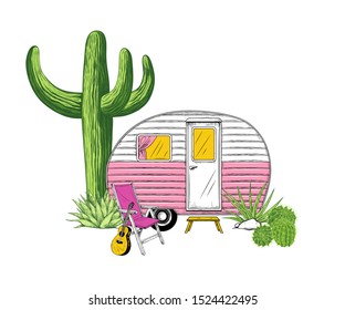 Camper, various cacti and a armchair with a guitar. Vector illustration in vintage style. Travel trailer on a background of exotic nature.