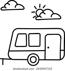 Camper Vehicle behind Cloud and Sun concept, Travel trailer vector icon design, Camping and outdoor symbol, extreme sports equipment sign, Backpack and Adventure travel elements stock illustration
