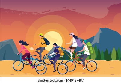 campers in beautiful landscape scene with bicycles