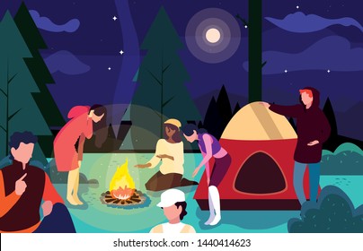 Campers In Camping Zone With Tent And Campfire Night Scene