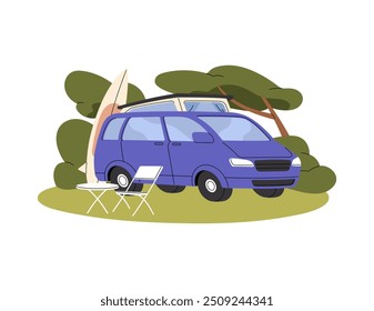 Carro de campistas fica no gramado de grama. Automóvel da família para viagens. Caravana, van para acampar na natureza. Auto casa no parque de campismo durante a viagem de estrada. Ilustração de vetor isolado plano sobre fundo branco