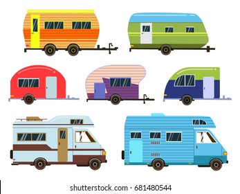 Campers cars set. Different resort trailers. Vector pictures in flat style