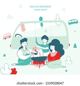 Campers eating outdoors hand drawn vector illustration