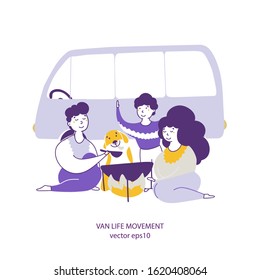 Campers eating outdoors hand drawn vector illustration
