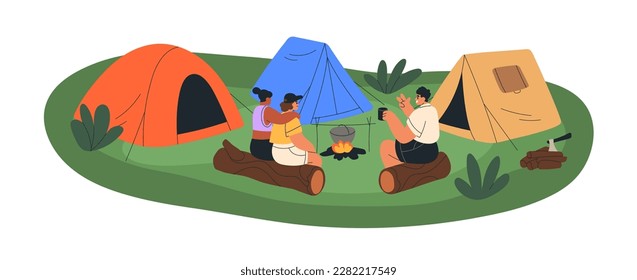 Campers sitting around bonfire at campground. Friends tourists relaxing, camping in nature, talking by fire, at tents on summer vacation, holiday. Flat vector illustration isolated on white background