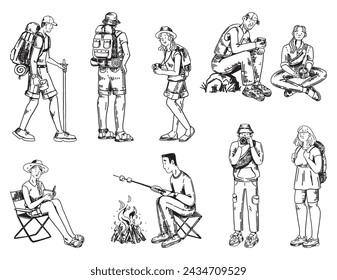 Campers sketches collection. Doodle set of various people during hiking, camping. Hand drawn vector illustrations in engraving style.