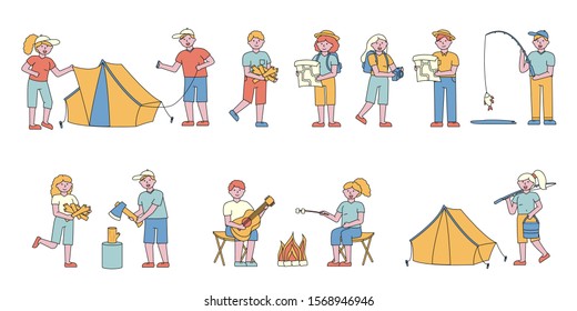 Campers, travelers flat charers set. People enjoying countryside recreation. Tent unfolding. Chopping wood, fishing fun. Romantic rest with singing songs and baking marshmallow near campfire.