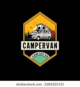 Campervan badge design label, emblem or logo design vector template. outdoor activities icon