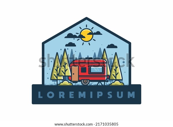 Campervan\
box with pine trees flat illustration\
design
