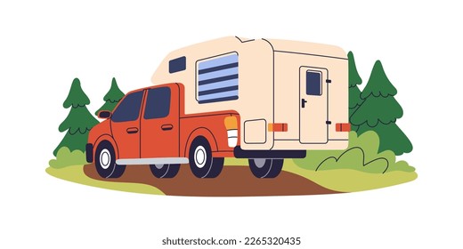 Campervan, camper pickup car. Travel camping vehicle, RV. Summer adventure truck transport, recreational auto, inserted motorhome for tourism. Flat vector illustration isolated on white background