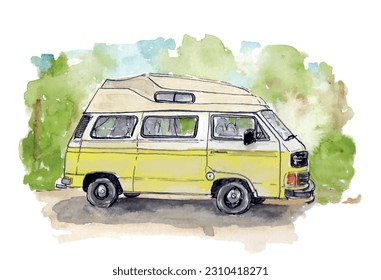 Campervan, camper van, high-top, living van, camping, yellow, van life. Isolated vector. Watercolor sketch illustration.