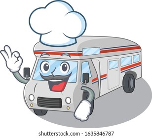 Campervan cartoon character working as a chef and wearing white hat