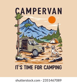 campervan handdrawn vintage vector illustration