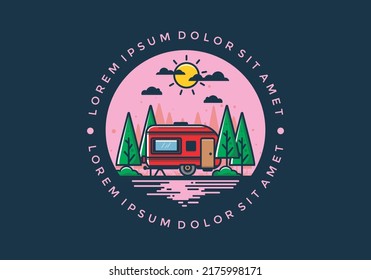 Campervan in the jungle flat illustration design