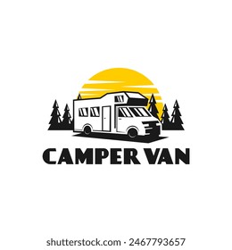 campervan logo with pine trees and sunrise or sunset