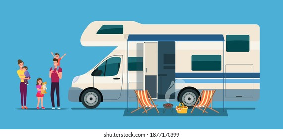 Campervan mobile home with open door and awning together with a vacationing family. Vector flat style illustration..