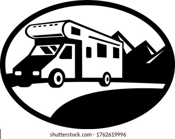 Campervan Motorhome Caravan Van on Road with Mountains Oval Black and White