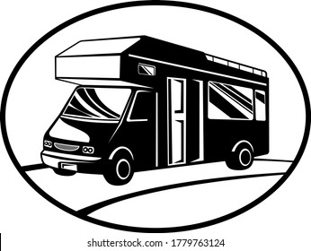 Campervan or Motorhome Side View Oval Retro Black and White
