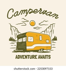 Campervan outdoor adventure hand drawn line adventure illustration Logo Badge