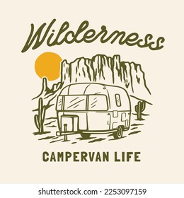 Campervan outdoor adventure hand drawn line adventure illustration Logo Badge