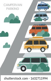 Campervan parking illustration with space for text. Hand drawn flat vector concept for banner, advertisment. Motorhome, tourism, van life movement.