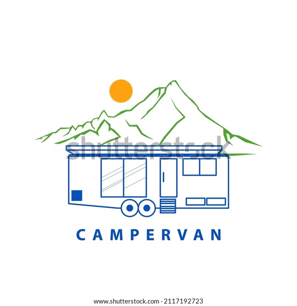 Campervan rv travel logo design. Line art\
motorhome vector\
illustration