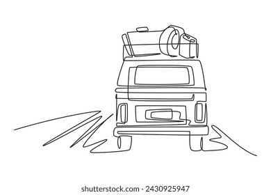 a campervan with touring equipment on top, Drawing by simple continuous line. holiday minimalist concept. simple line.