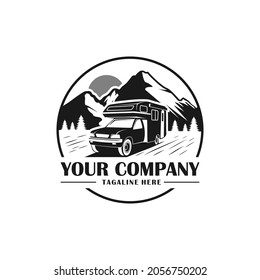 campervan travel with mountain background logo 