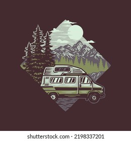 Campervan travel tours vintage t shirt graphic design, hand drawn line style with digital color, vector illustration