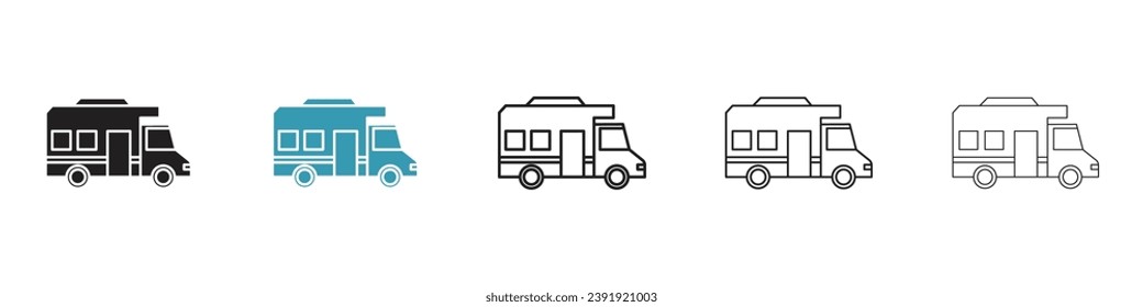 Conjunto de ilustraciones vectoriales de Campervan. Símbolo de ilustración del vector de viaje de autocar. Ilustración del vector del coche del vehículo para diseños de interfaz de usuario en color negro y azul.