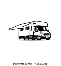 Campervan vector isolated. Black and white motorhome RV in white background