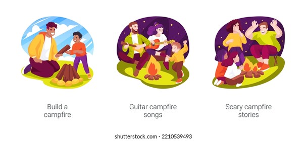 Campfire activities isolated cartoon vector illustration set. Father and son build campfire, summer holiday camping activity, guitar bonfire songs, tell scary stories in the dark vector cartoon.